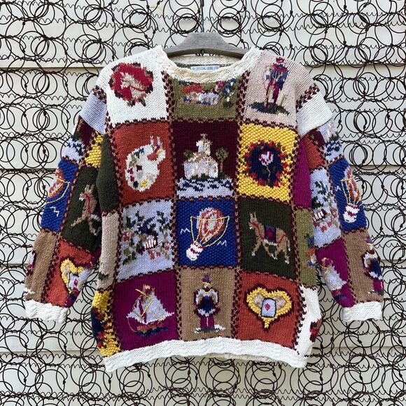 Vintage Sweaters - Vintage 90s Fall Knit Sampler Sweater Patchwork Thanksgiving Halloween MEDIUM